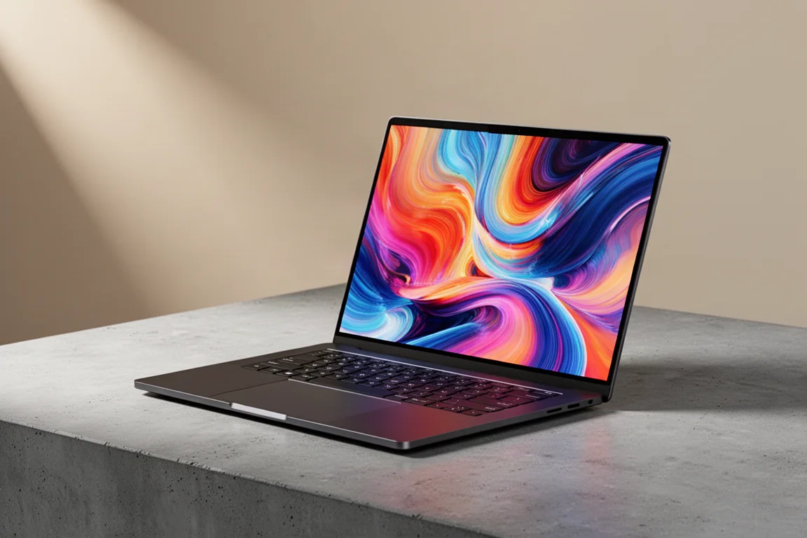 MSI Prestige 16 AI+ 筆電在霧面水泥表面上開啟，顯示出鮮豔的 OLED 螢幕