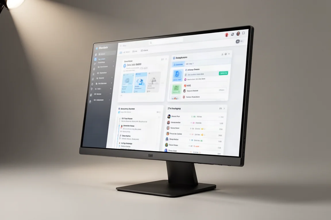 Sette monitor per computer esposti in fila in una fiera tecnologica