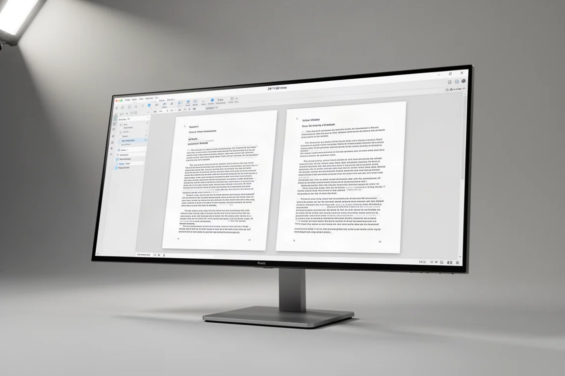 Sette monitor per computer esposti in fila in una fiera tecnologica