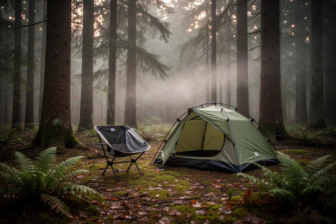 Lightweight camp chair set up beside a tent in a damp forest at dusk