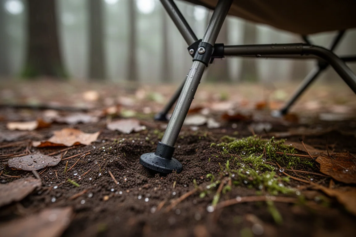 Close-up of a chair leg with a wide anti-sink foot resting on damp soil