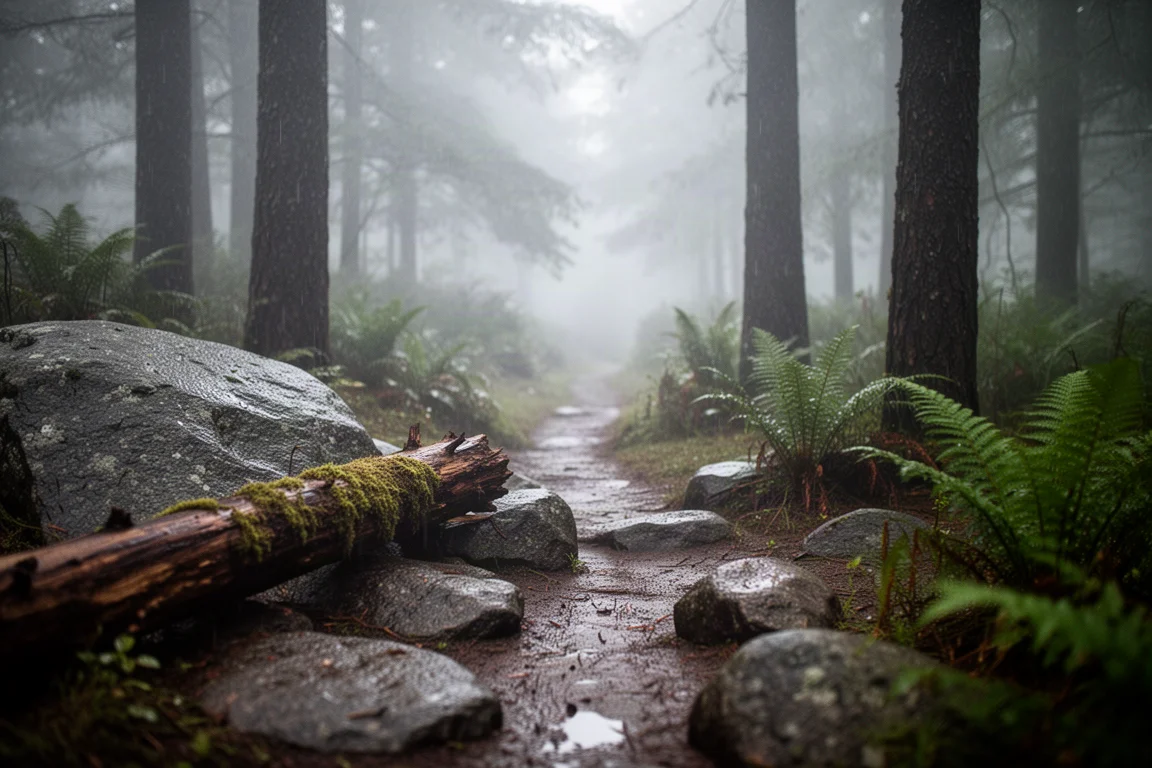Rain-soaked forest campsite with wet rocks, mossy log, and low mist