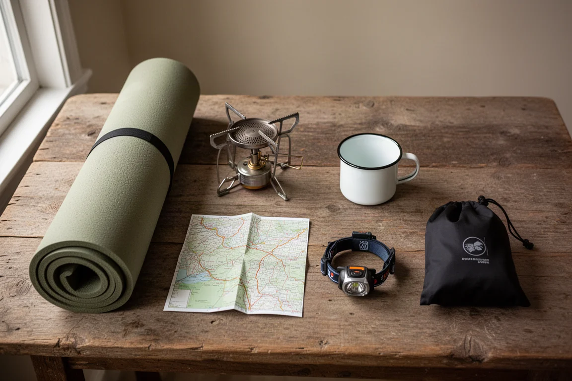 Overhead flat-lay of backpacking gear on a weathered wooden table