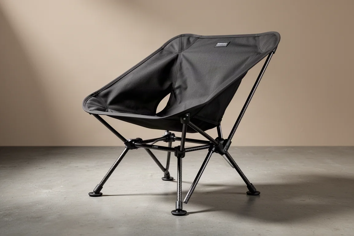 Ultralichte campingstoel met een zwarte zitting en carbonfiber frame op een betonnen ondergrond