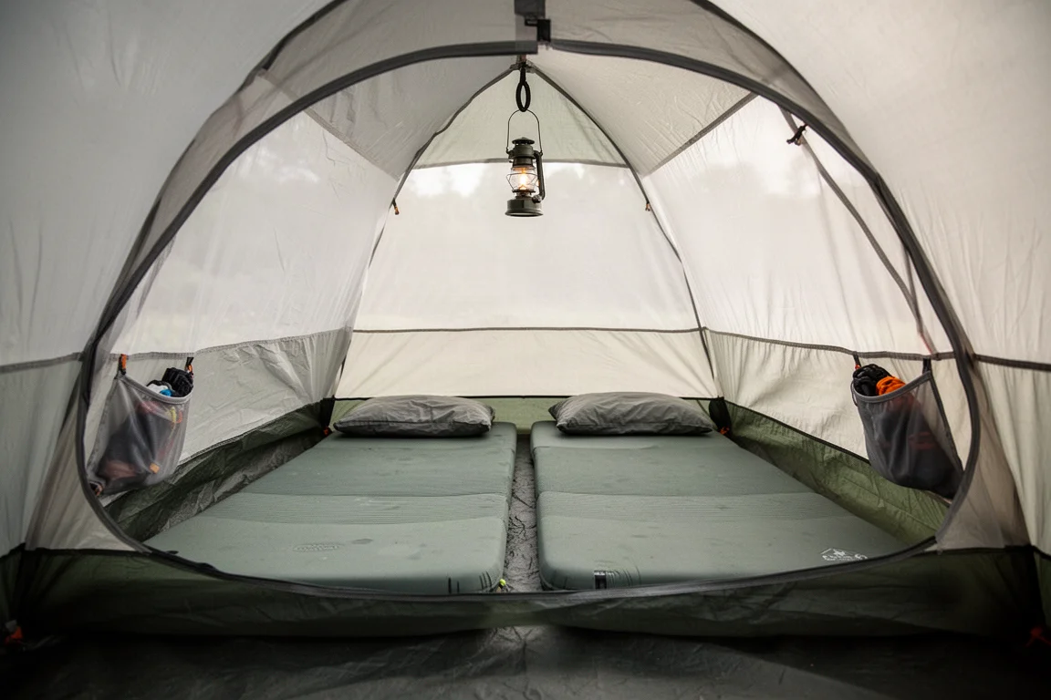 Interior de una tienda de acampada para dos personas con dos esterillas y paneles de malla