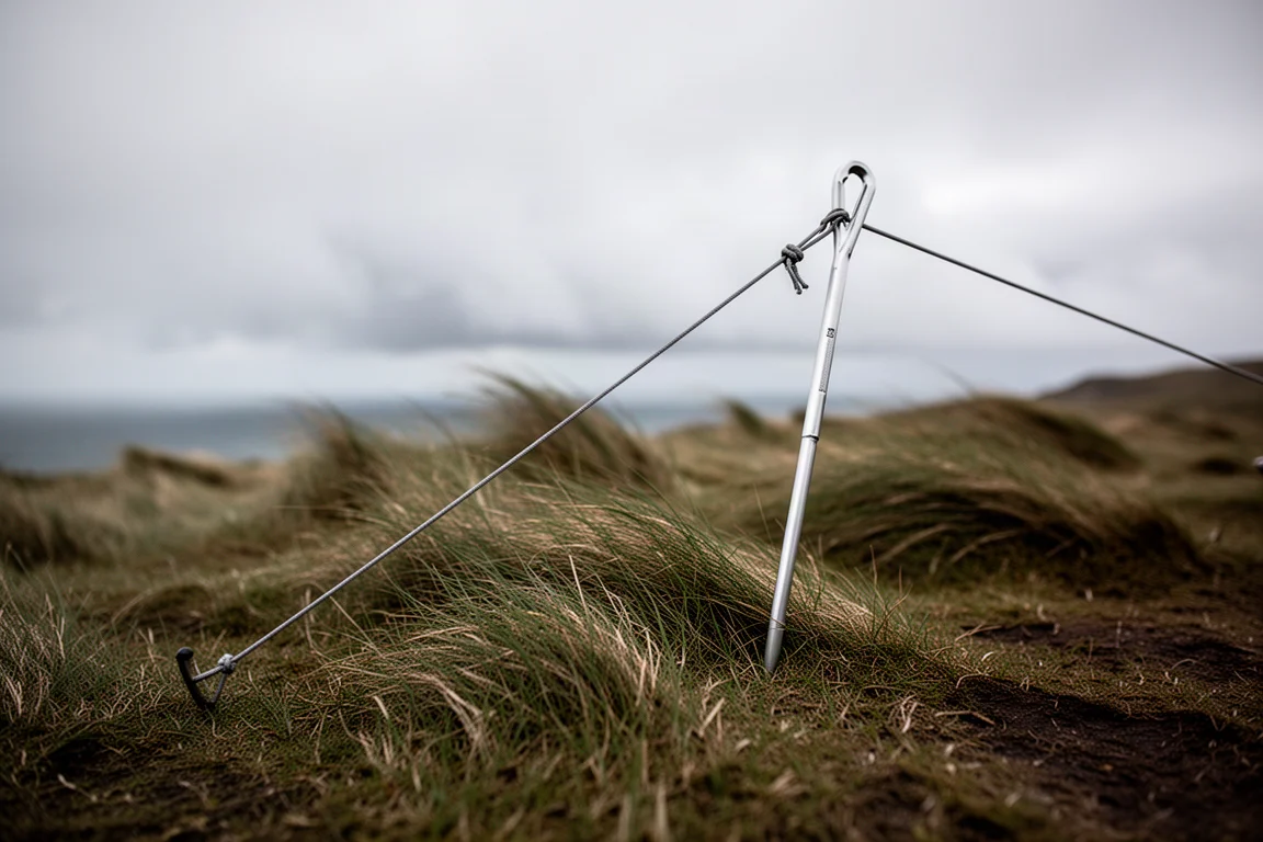 Vientos y una estaca larga clavados en hierba azotada por el viento en una cresta expuesta