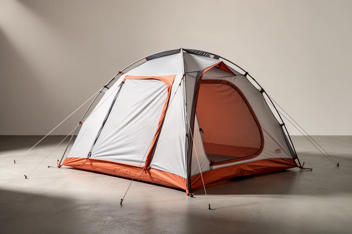 Tenda da backpacking leggera per due persone con telo esterno grigio e arancione montata su una superficie neutra