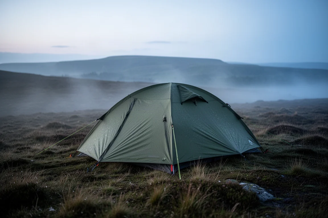 One-person backpacking tent pitched on a misty moorland ridge at dusk