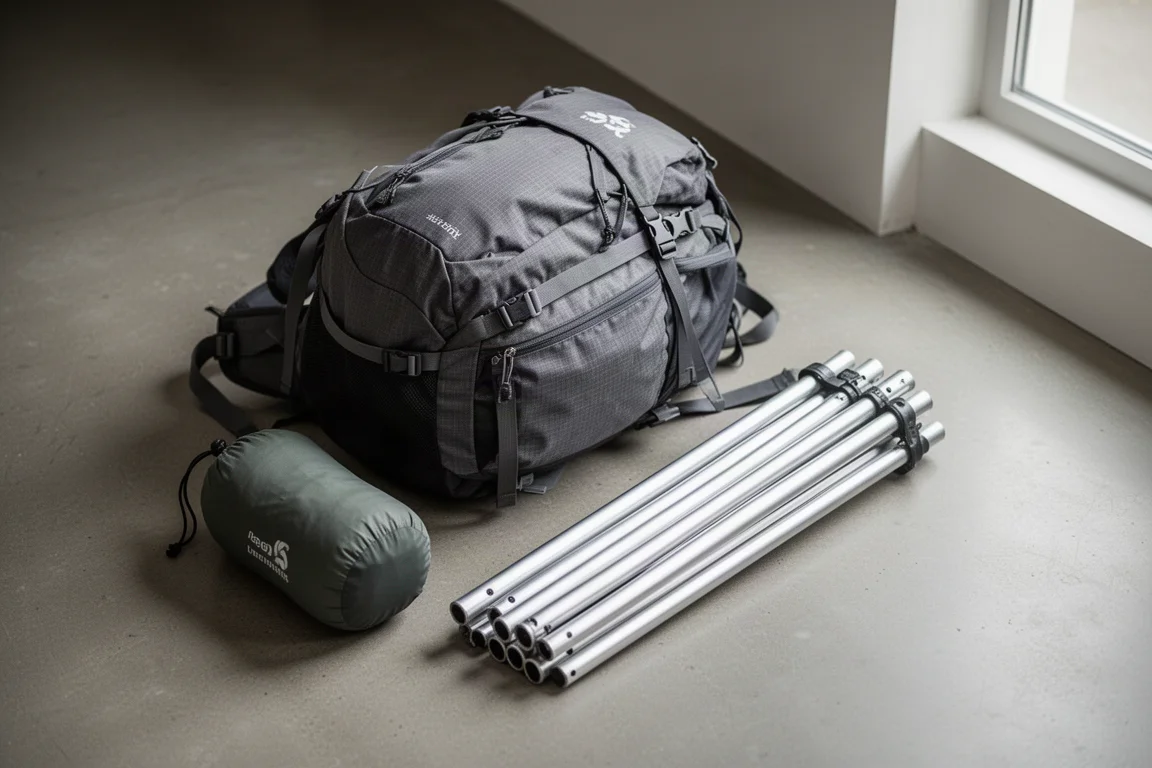 Hiking backpack with compact tent stuff sack and folded poles on concrete floor