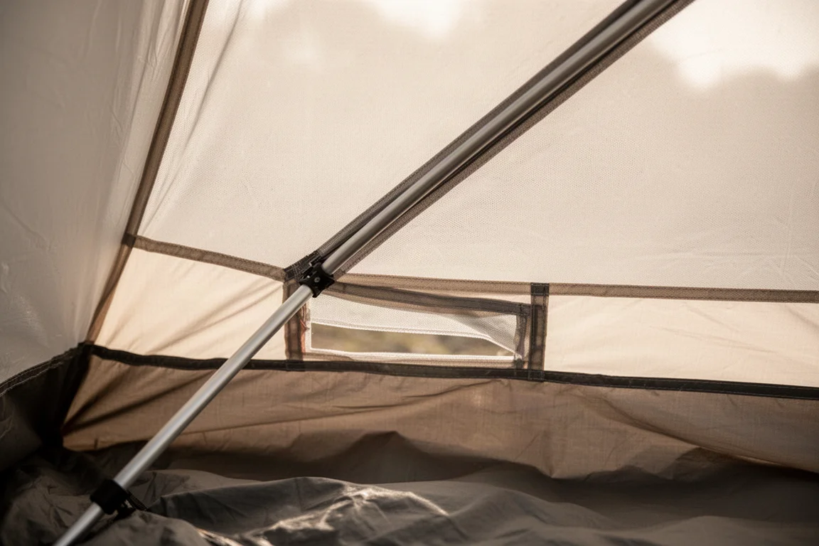 Tent interior mesh panel and low vent panel lit by soft morning light