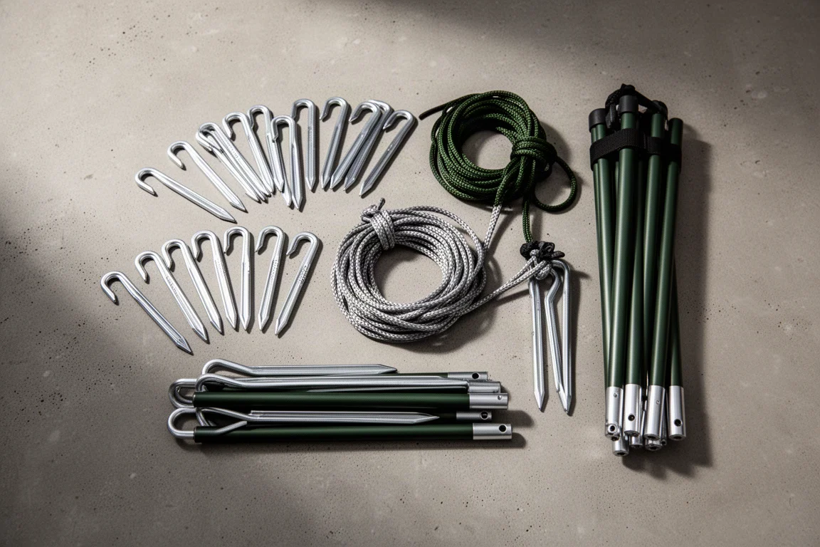 Overhead flat-lay of tent pegs, guy lines and folded poles on concrete