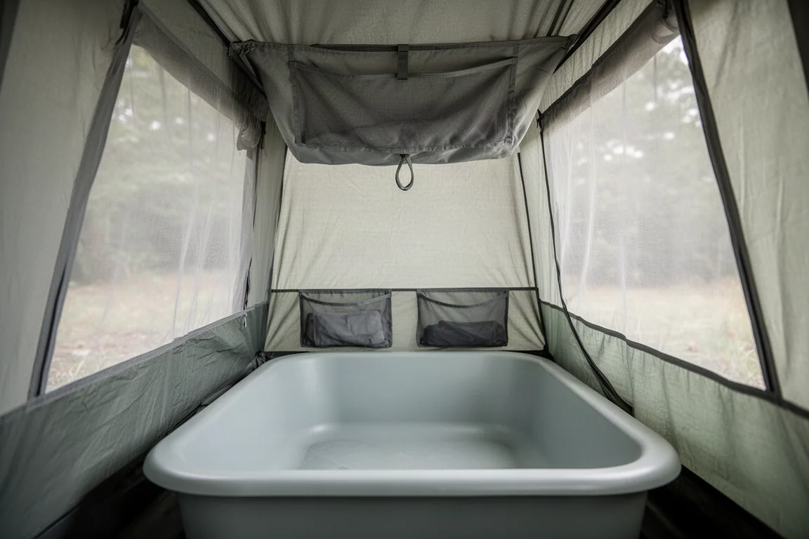 Interieur van een tent met bathtub-bodem, meshvakken en een vak aan het plafond
