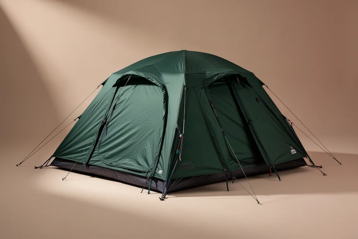 Green two-person backpacking tent pitched with taut guy lines on a neutral surface