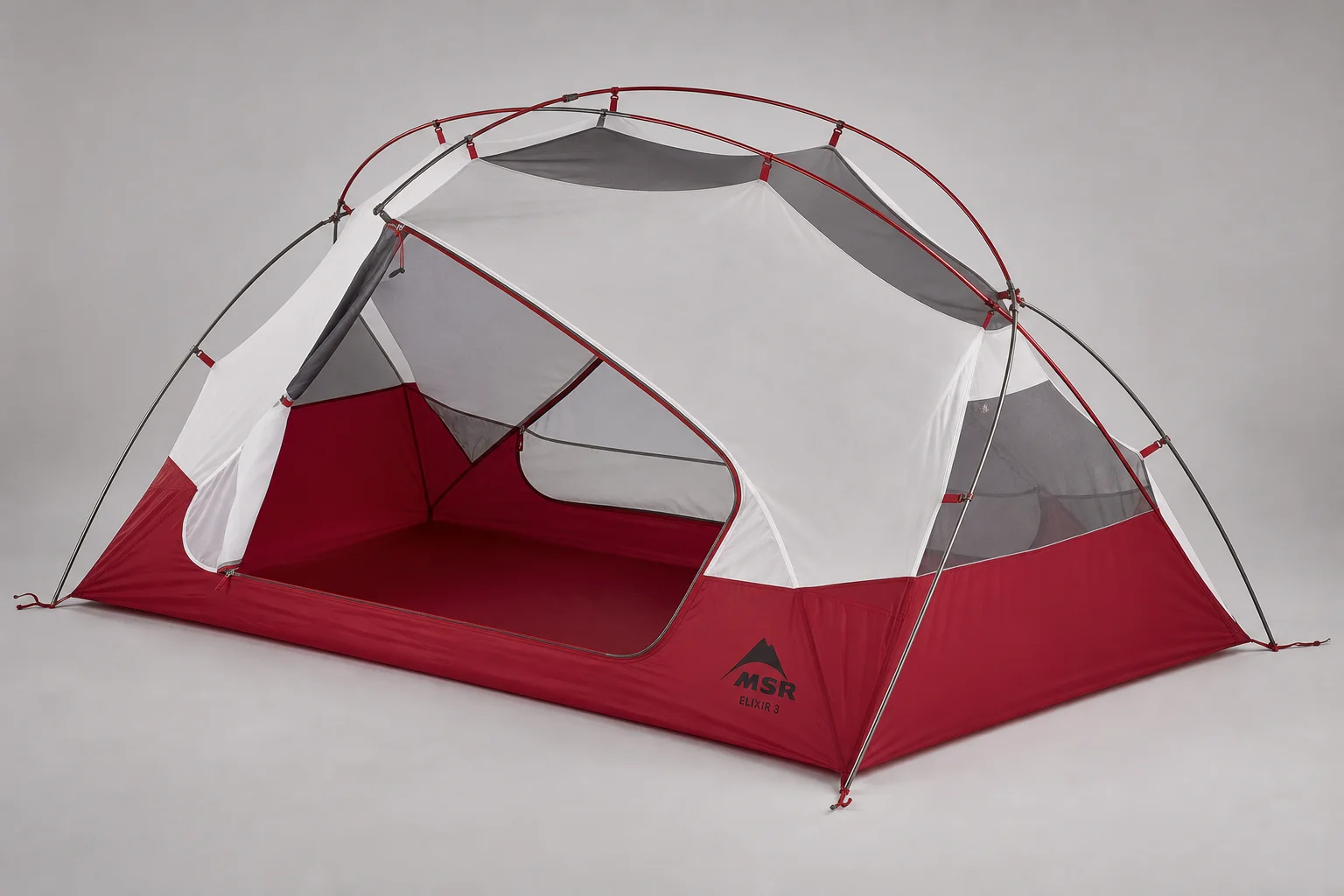Nine hiking tents arranged on neutral backdrop showing variety in size and design