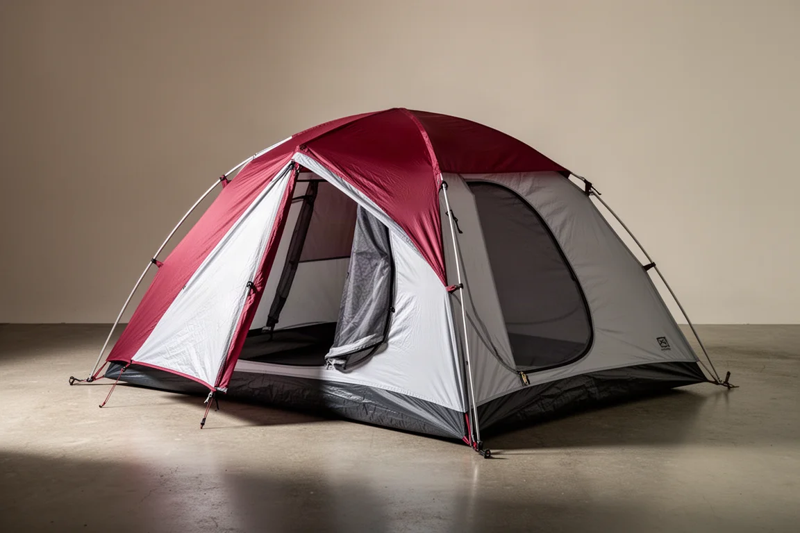 Tenda da backpacking leggera per due persone montata su una superficie in cemento neutra