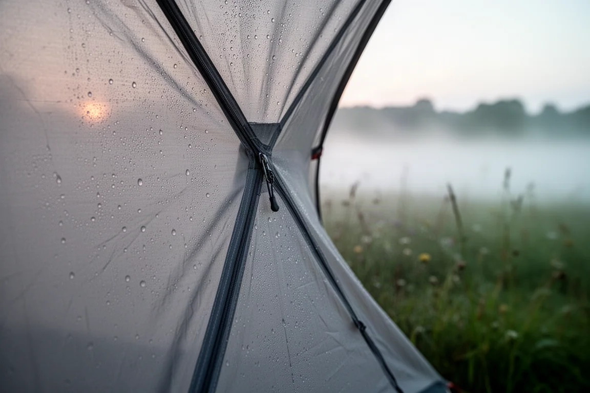 曇天下で張られたテントフライの端から雨粒が伝い滴り落ちる様子