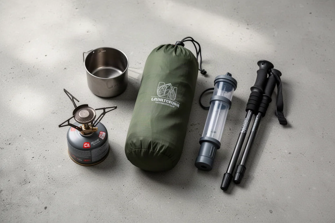 Płaskie ułożenie sprzętu backpackingowego na betonie, w tym kuchenka, worek na namiot i filtr