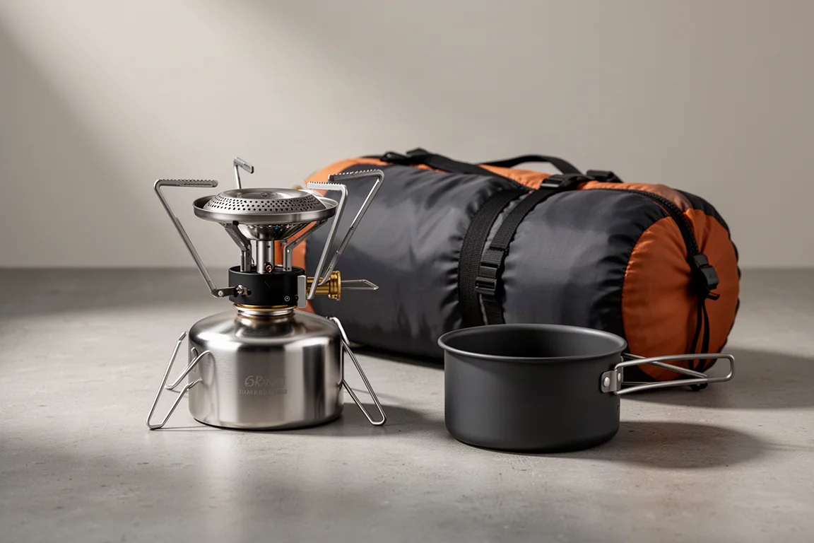 Compact camping stove beside a rolled tent stuff sack and small cook pot on concrete