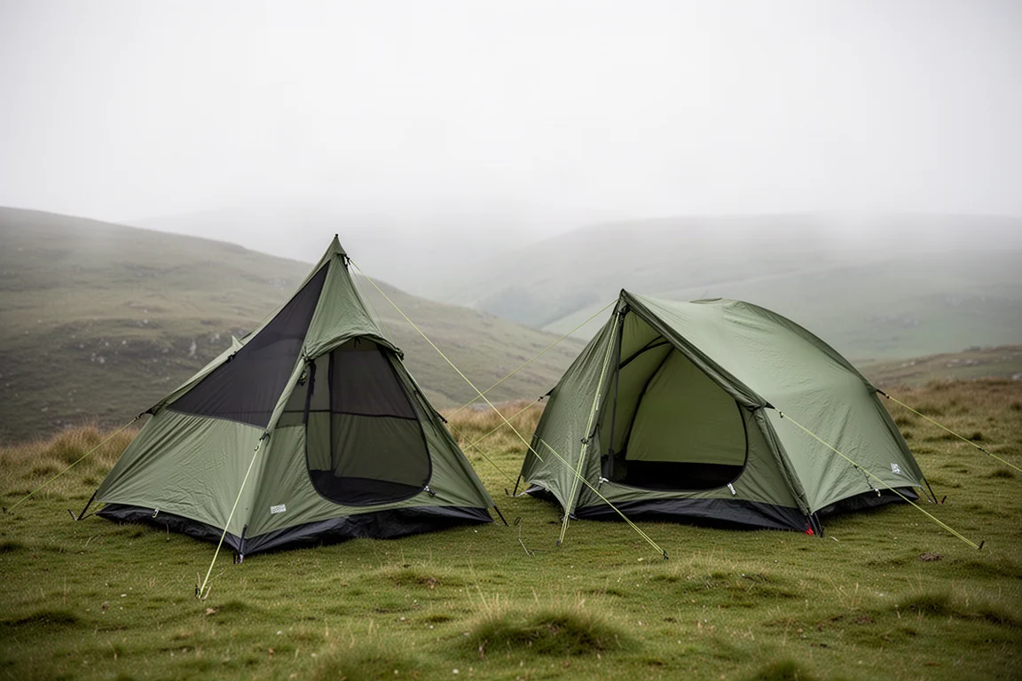 Two lightweight backpacking tents pitched side by side on a grassy hillside