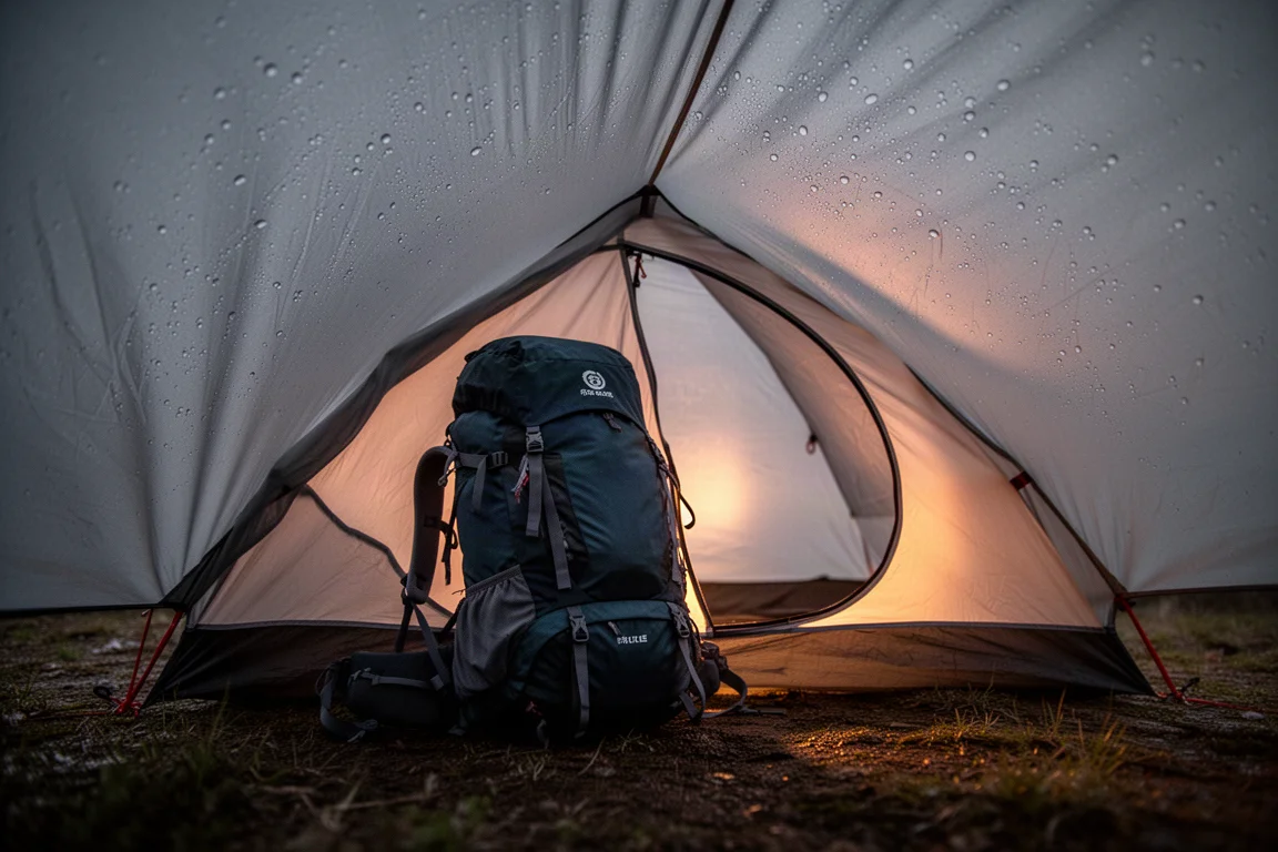 Duży plecak trekkingowy schowany w przedsionku namiotu o zmierzchu, deszcz na tropiku