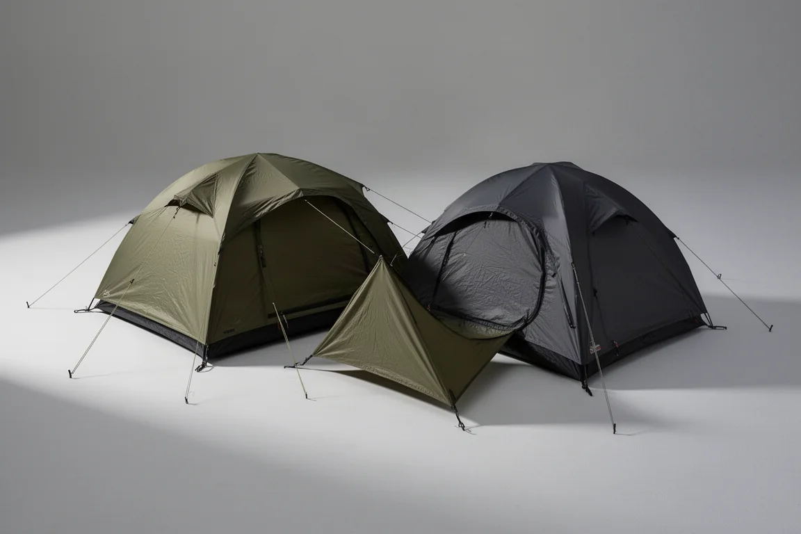 Due tende da backpacking a cupola leggere montate una accanto all'altra su una superficie grigia neutra