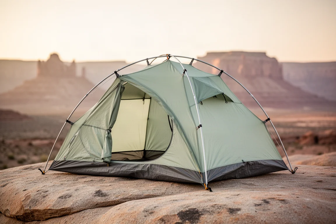 One-person double-wall backpacking tent pitched on a pale rock slab under soft overcast light