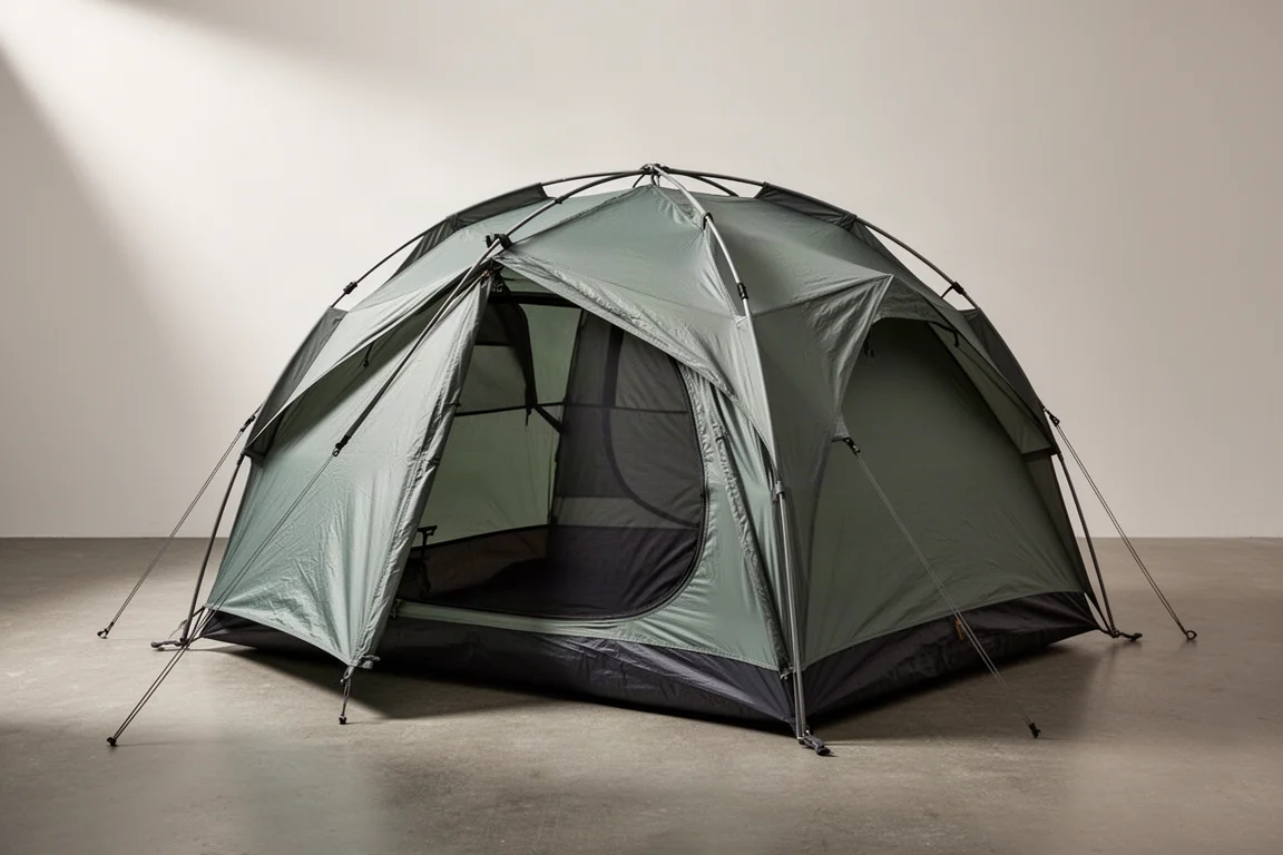 Two-person freestanding backpacking tent with green and grey rainfly pitched on concrete