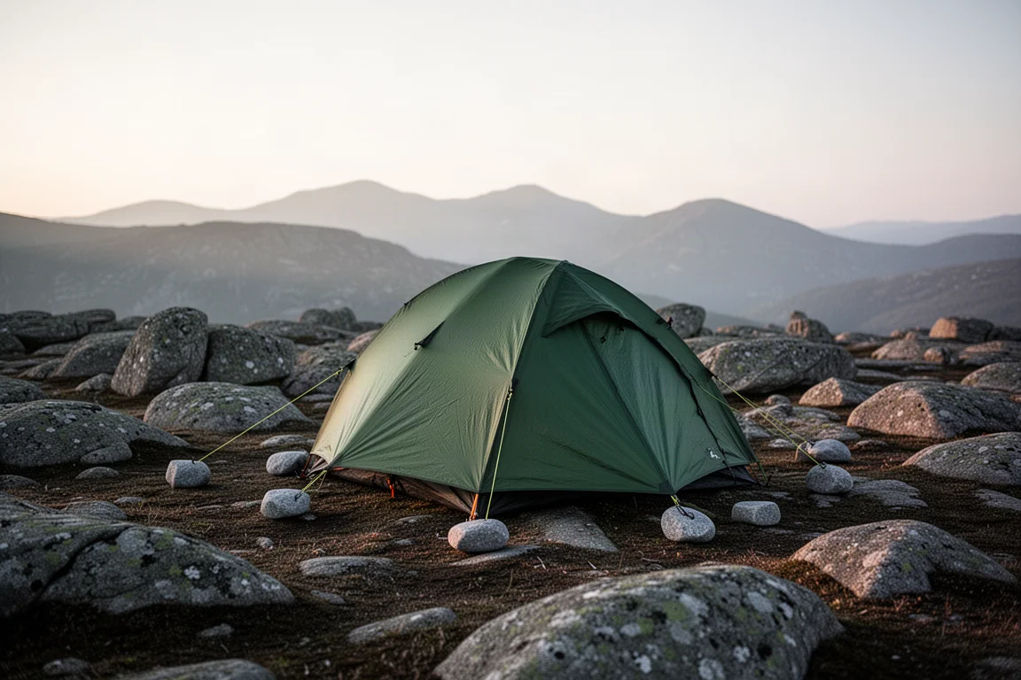 Freestanding tent pitched on rocky ground with stones holding the guy lines