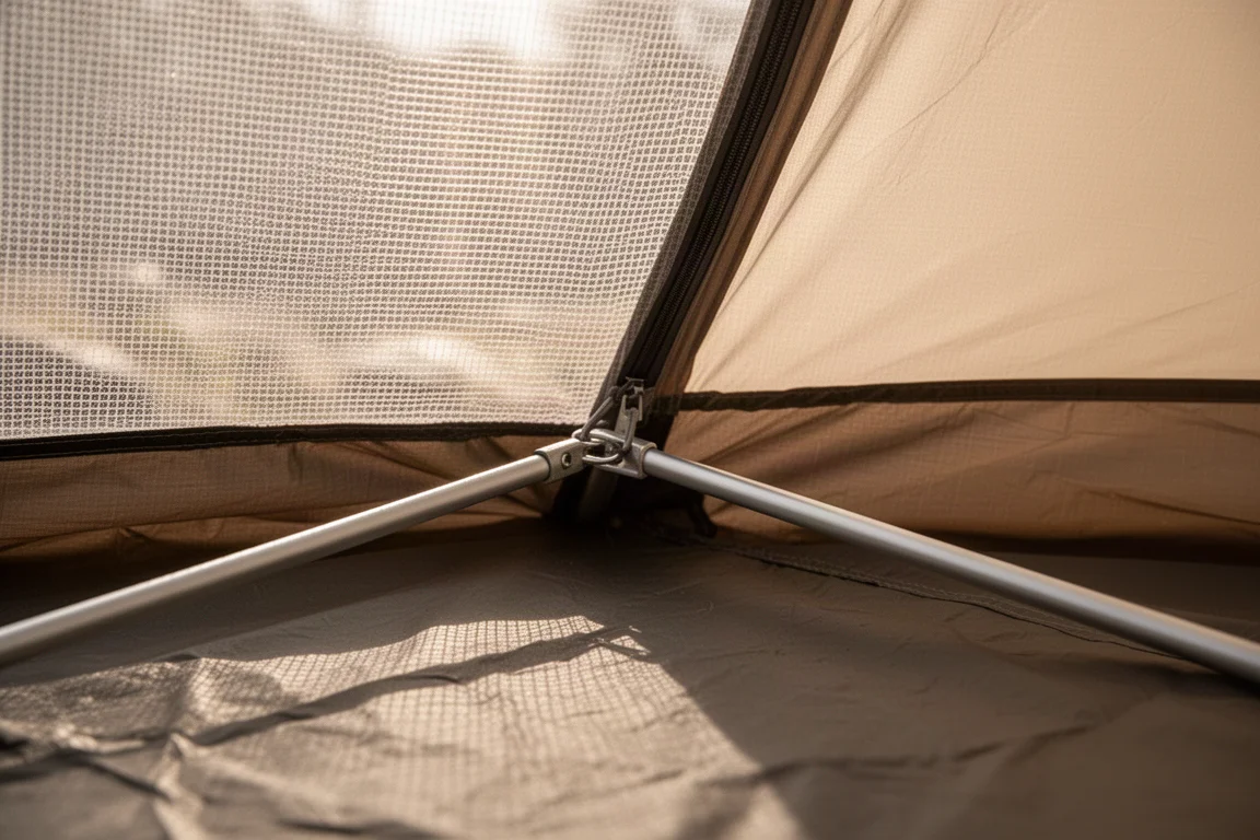 Backlit mesh inner panel of a backpacking tent with clip-in pole structure