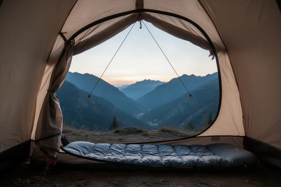 Tent door rolled fully open revealing a mountain view at dusk