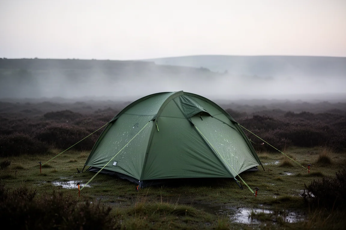 Small green tent pitched on misty moorland at first light