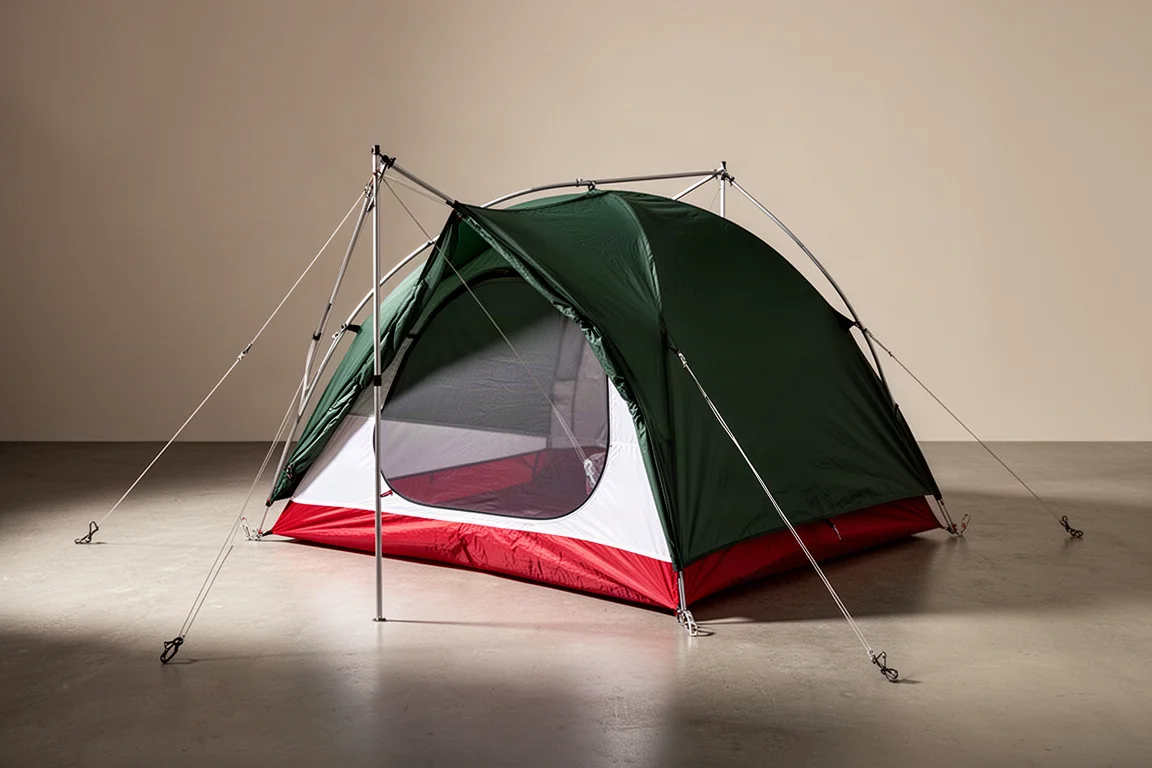 Tenda da backpacking autoportante con sovratelo verde montata su una superficie in cemento con tiranti estesi