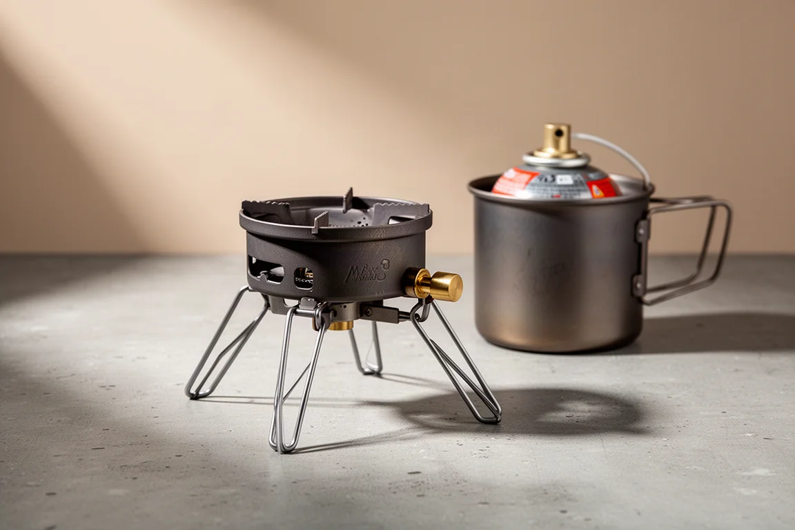 Canister stove adapter with folding legs beside a gas canister and small pot on concrete