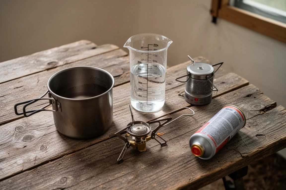 Plat bovenaanzicht van twee titanium pannen, een maatcilinder, een weegschaal en temperatuursensoren