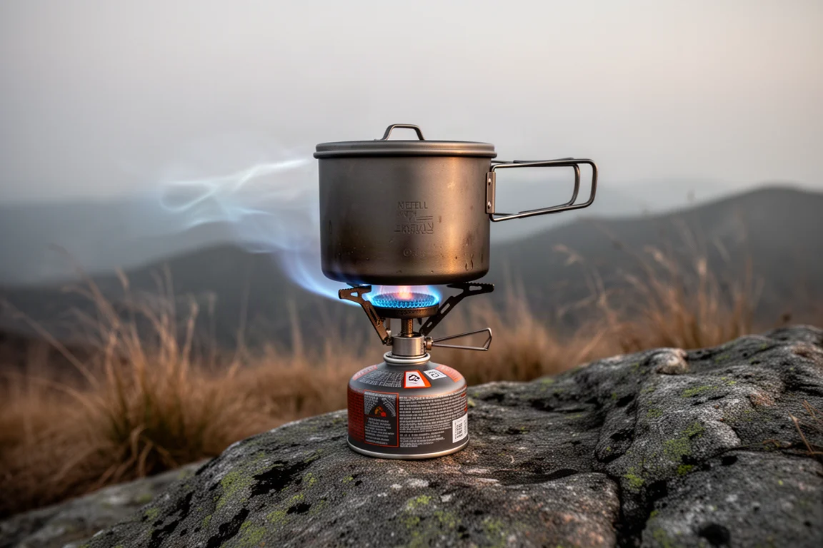 Titanium pan op een brandende gasflesbrander met opstijgende stoom en een blauwe vlam eronder