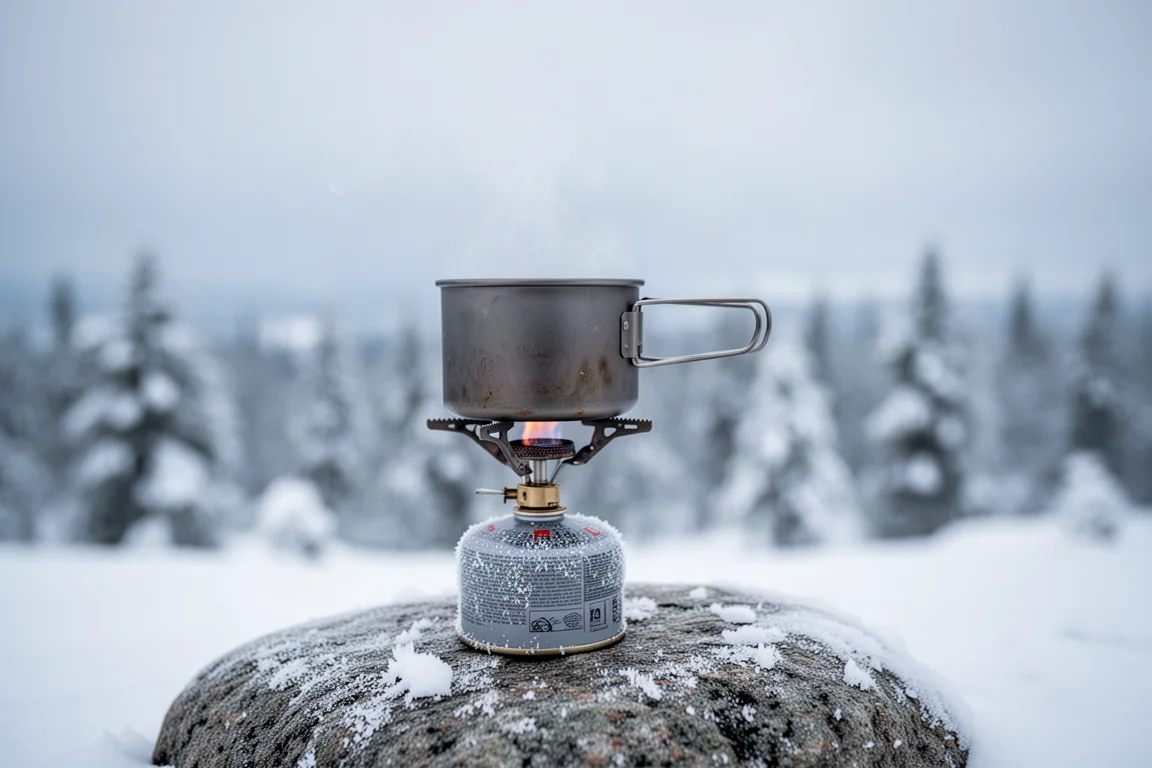 Met rijp bedekte gasfles en brander op een koude granieten plaat bij het eerste licht