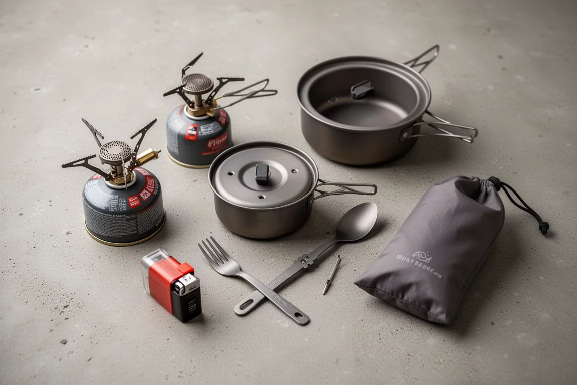 Kampe keuken bij schemer met een brander, titanium pan, mok en de contouren van een tent op de achtergrond