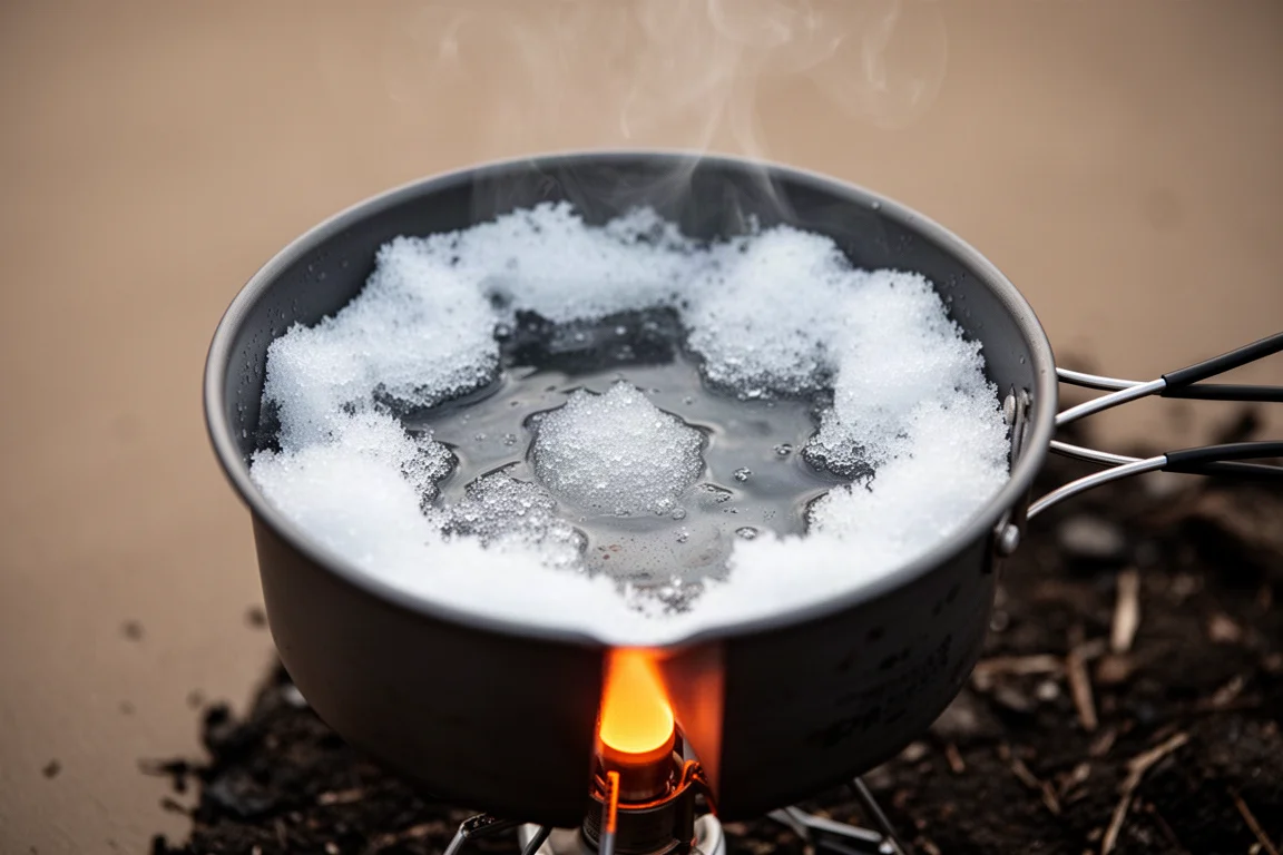Neve che si scioglie dentro una pentola su un fornello con il bagliore arancione del bruciatore sotto