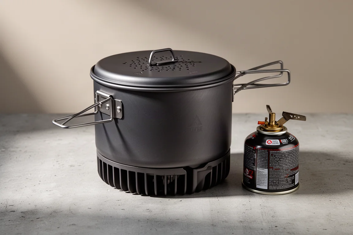 Pentola del fornello MSR Reactor da un litro con base scambiatore di calore e bombola del gas su cemento