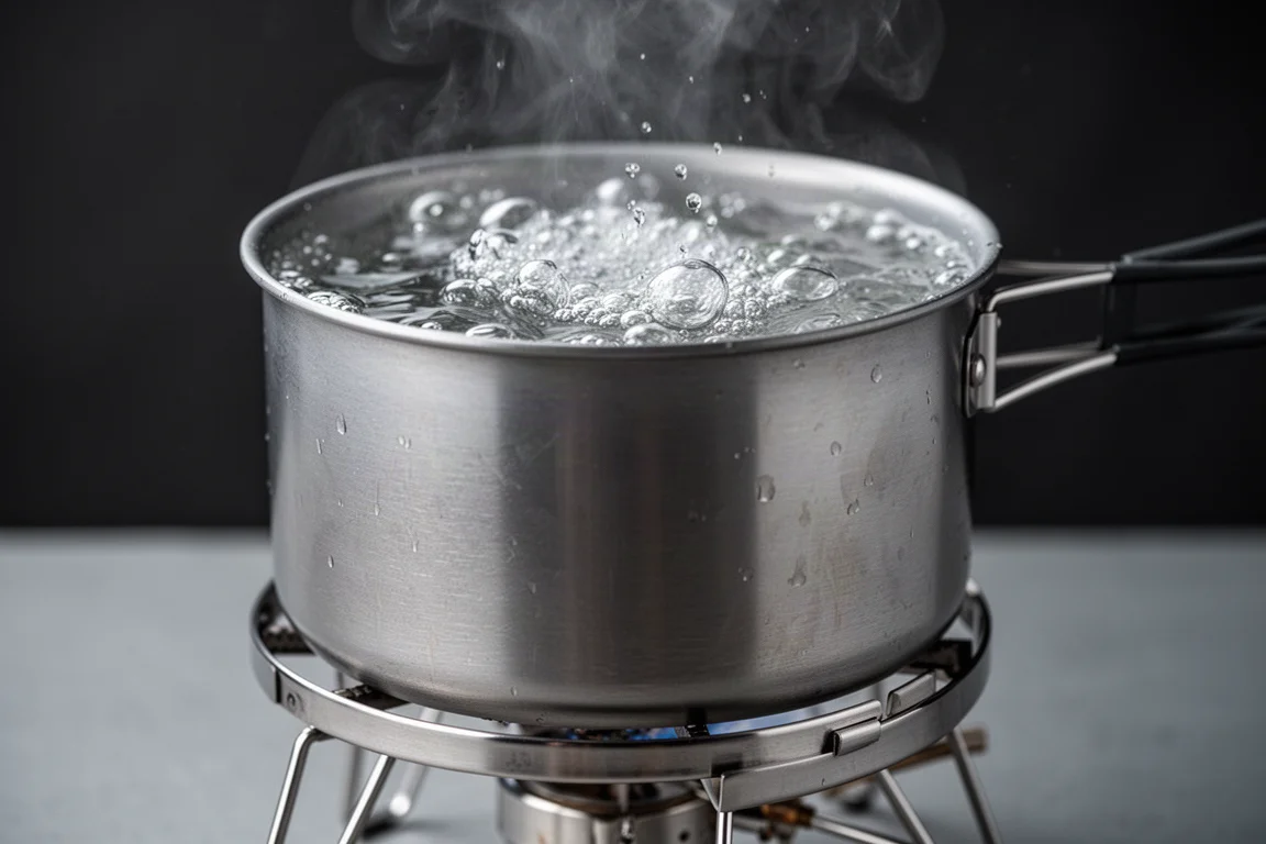 Närbild på kokande vatten i en aluminiumkastrull på en brännarring