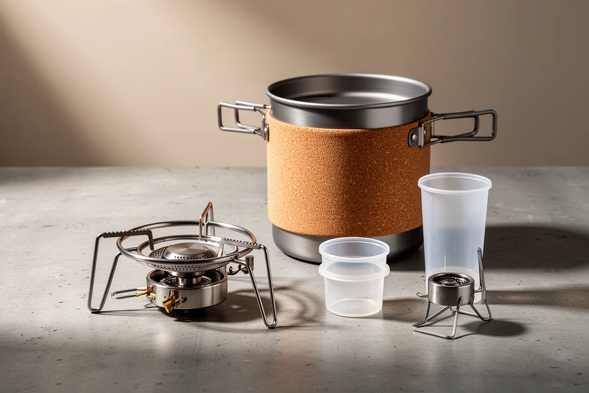 Camping stove system with aluminium pot, cork wrap, burner base and nesting cup on concrete