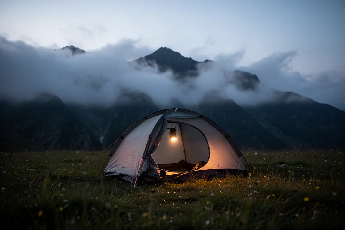 Tenda de mochilão montada em prado alpino ao entardecer, com nuvens baixas nas cristas distantes