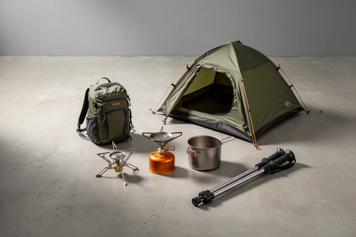 Campingtält, gaskök, titankastrull och vandringsstav arrangerade på betong