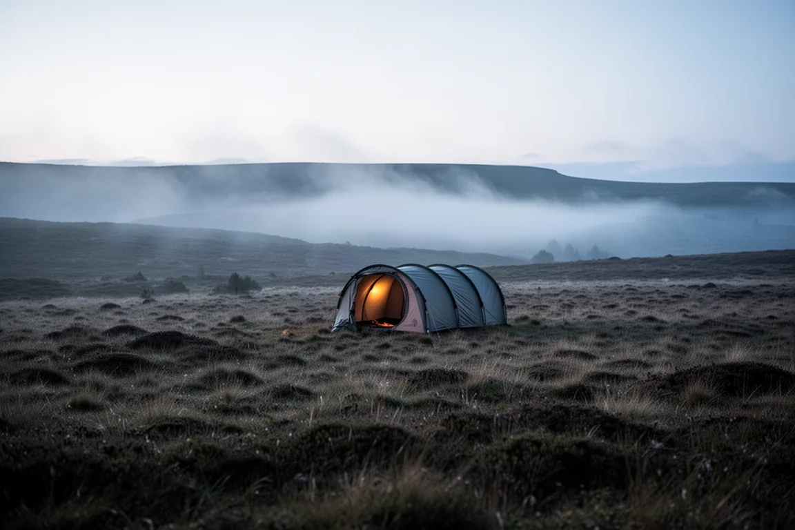 Tente profilée montée sur herbe de lande ouverte au crépuscule avec brume au loin