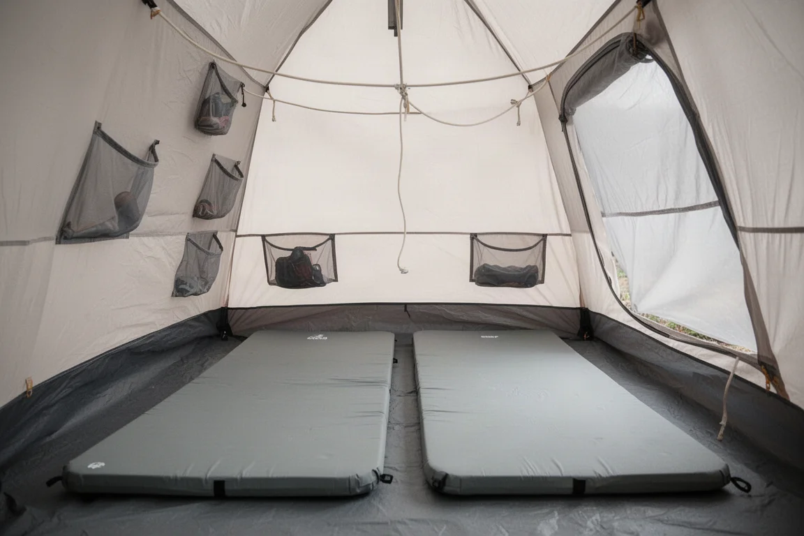 Intérieur d'une tente deux places avec deux matelas larges et poches en mesh