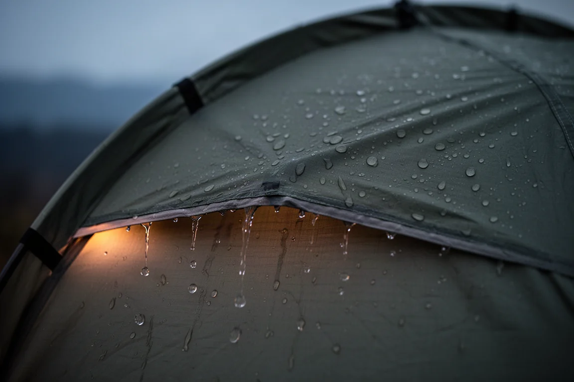 Pluie perlant sur une double-toile tendue la nuit avec une lumière chaude à l'intérieur