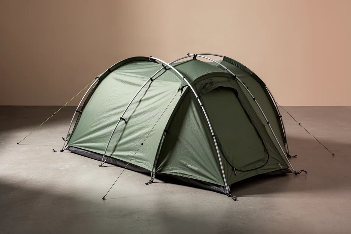 Low-profile green two-person tunnel tent pitched on a concrete floor with guy lines