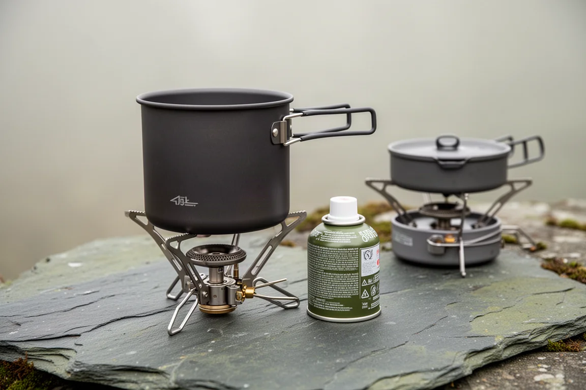 Two integrated canister camping stove systems arranged on a weathered slate surface