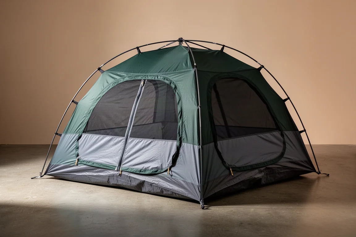 Two-door backpacking tent pitched on a concrete surface in soft studio light