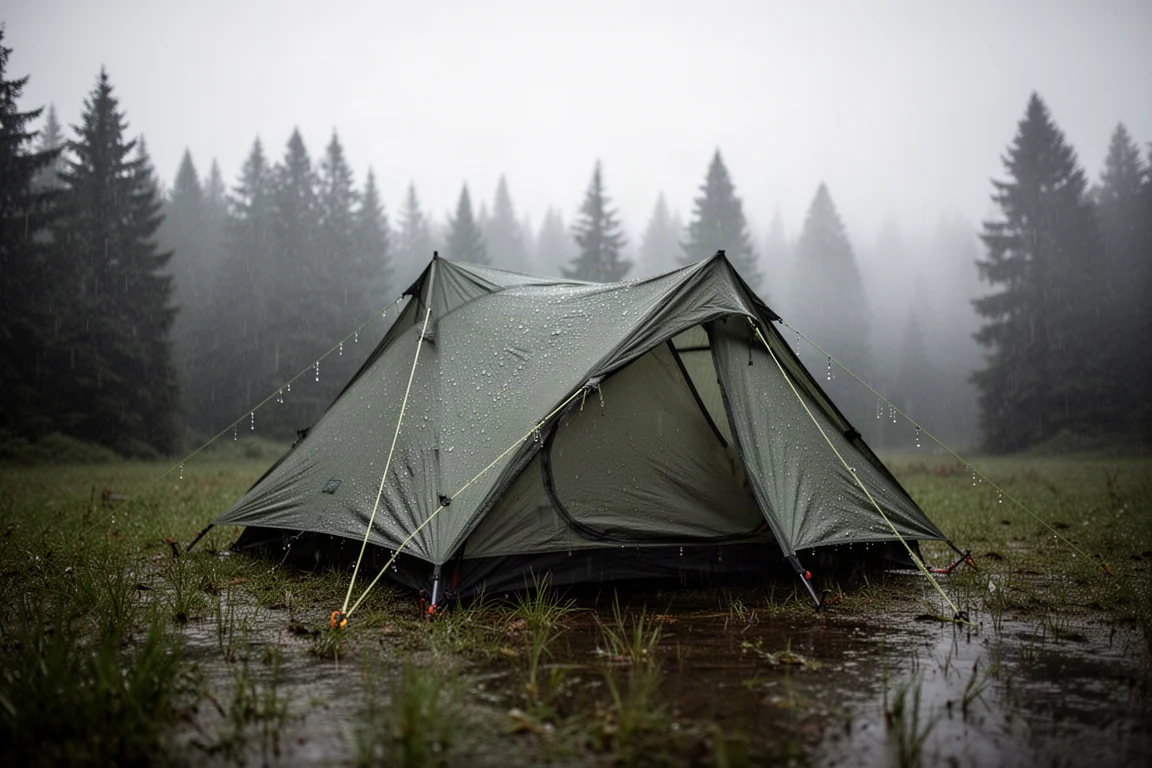 Tente dôme deux places montée dans une clairière en forêt au crépuscule sous des nuages d'orage menaçants